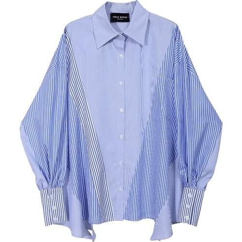 Johnature New High Street Striped Womens Tops And Blouses 2021 Autumn Casual Turn-down Collar Button Irregular Female Shirts