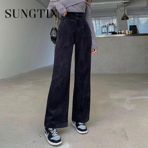 Sungtin Women Vintage Corduroy Long Pants High Waist Slim Female Corduroy Straight Trousers Spring Korean Fashion Streetwear