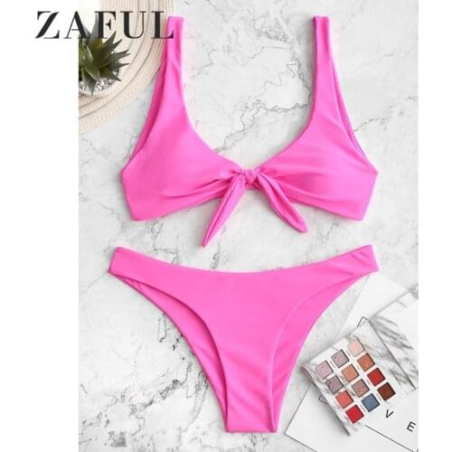ZAFUL Bikini Plunging Front Knot Bikini Set Wire Free Solid Sexy Swimsuit Padded Swimwear Beach Women Push Up Bathing Suit 2020