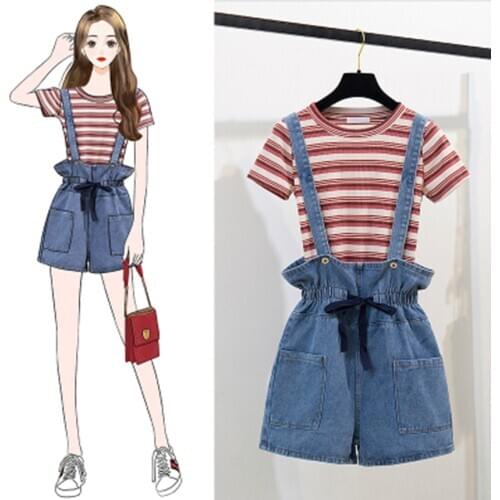 Knit Cotton Women Striped Short Sleeve T-Shirt Tops + Spaghetti Strap Short Pants 2 Pieces Sets 2020 Summer Womens Pants Suits