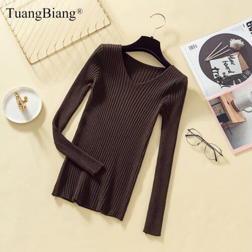 Women V-Neck Long Sleeve stripe Coffee Sweater 2019 Knit feminine Basic elasticity Pullovers Autumn Ladies Winter apricot Jumper