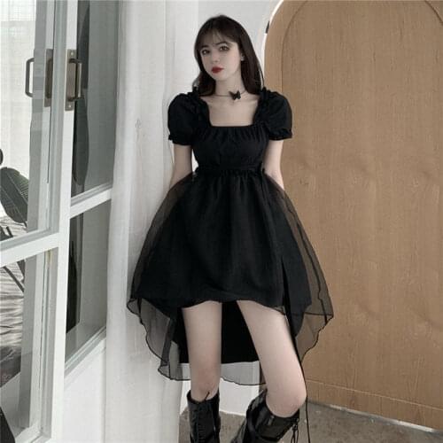 Fairy Mesh Dress Women Summer Gothic Harajuku Goth Elegant Puff Sleeve Black Dress Vintage Female Lace-Up Party Vestido