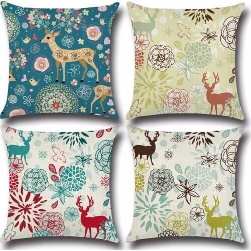 1PC Cotton Linen Pillow Cover Christmas Decor Deer Flower Home Decorative Throw Pillow Case 45x45cm Cushion Cover Sofa OU 013