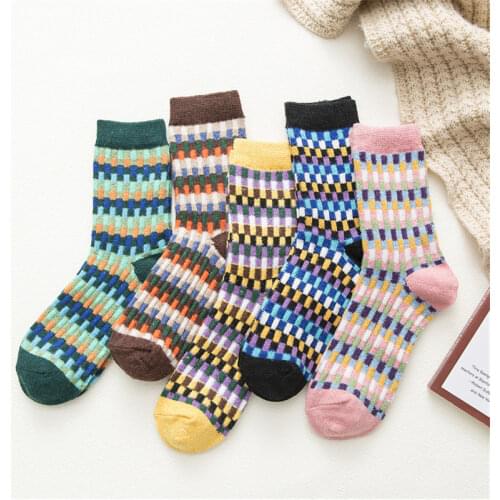 5 Pairs Women Wool Socks Autumn and Winter Warmer Cashmere Thermal Thicken Ethnic Style Stripe Women Socks