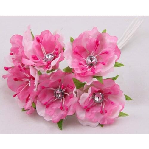 60pcs 3.5cm Handmade Fabric Rose Flowers Artificial Silk Cherry Blossom Bouquet With Diamond For Wedding Hair Wreath Decoration