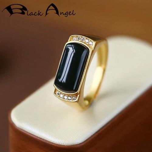 BLACK ANGEL Gold Domineering Black Zircon Obsidian Gemstone Glossy Resizable Ring For Women Men Fine Jewelry CZ Wedding Gift