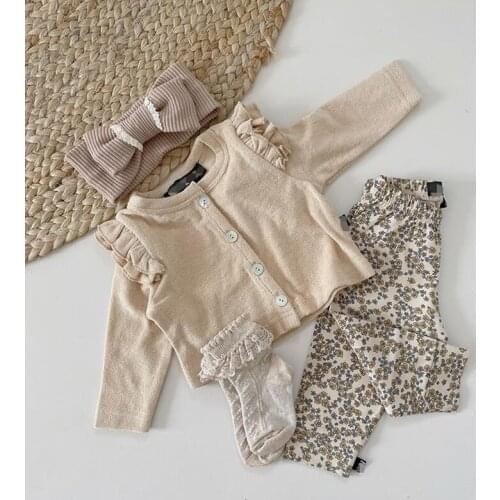 FOCUSNORM 0-18M 2pcs Lovely Baby Girls Clothes Sets Solid Single Breasted Long Sleeve Tops Floral Printed Pants Outfits