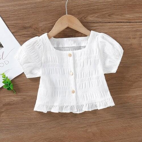 Summer Girls Shirts Square Collar Puff Sleeve Kids Tops Clothes for 2 3 4 5 6 Year Girl 2021 New Sweet Toddler Children Shirt