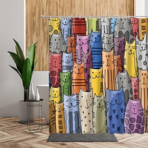 Colorful Cartoon Cat Shower Curtain Set Funny Cats Bathroom Decor Waterproof Fabric Children Baby Home Window Bath Room Curtains
