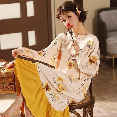 2021 New Womens Nightie Cute Cartoon Pajamas Long Sleeve Autumn Female Fruit Sleepwear Cotton Nightdress Girl Home Clothes 3XL