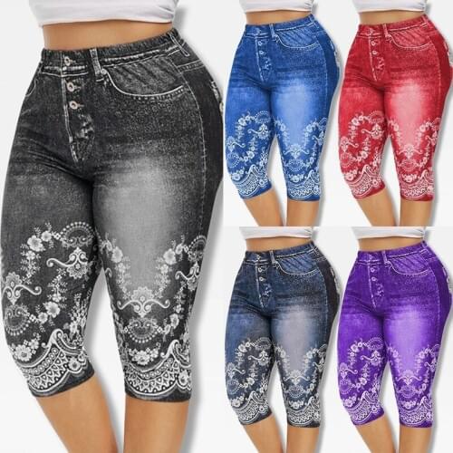 Printed False Denim Yoga Pant 3\4 Women Jeans Leggings High Waist Breeches Capri Pants Super Elastic Jeggings Plus Size 5XL