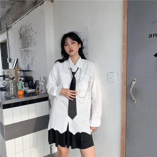 Autumn 2020 Korean version of INS Hong Kong Style dark black tie shirt for women shirt top vintage dropshipping punk park