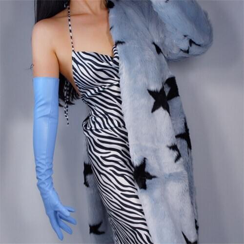 Extra Long Leather Gloves 60cm Lengthen Simulation Leather Sheepskin Light Blue Sky Blue Women Gloves Export Quality PU144