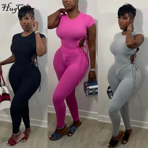 Hugcitar 2021 Short Sleeve O-Neck Bandage Backless Sexy Pencil Pants 2 Pieces Set Summer Women Streetwear Club Party Y2K Solid