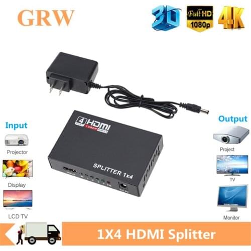 Grwibeou 1 x 4 HDMI-compatible Splitter Converter 1 In 4 Out HD 1.4 Splitter Amplifier HDCP 1080P Dual Display for HDTV DVD PS3