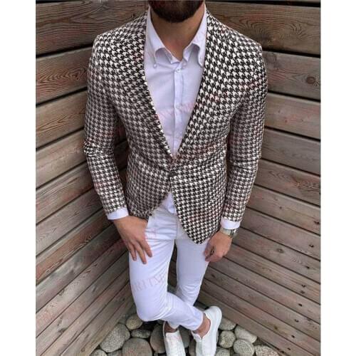 Stylish Houndstooth Suit Men 2Pcs Slim fit Bridegroom Wedding Suits Tuxedo Mens Marriage Blazer Casual Brown Jacket White Pants