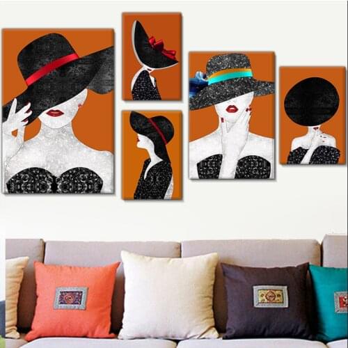 Light luxury style posters print canvas modern Figure painting corridor picture custom print art poster Big hat girl black oran