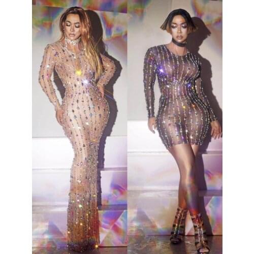 Nightclub Outfit Stage Costume Sexy Dresses Rhinestones Pearls Mesh Dress Birthday Evening Celebrity Party Long Dress