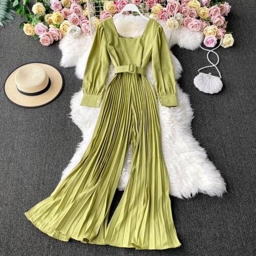 Womens Clothes Long Sleeve Solid Wide Leg Flared Pants Loose Pleated Jumpsuit New 2020 Spring Autumn Fashion Ladies Bodysuit