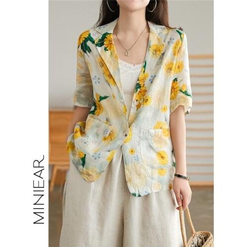 Thin Section Linen Printed Jacket Women 2021 Short Sleeve Shirt Simple Female Clothing Korean Retro Floral Blazer Tops zh836