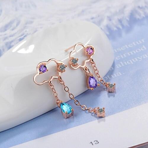Womens Fashion Asymmetric Cloud Rain Stud Earrings Colorful Water-Drop Zirconia Chain Tassel Creative Earring Piercing Jewelry