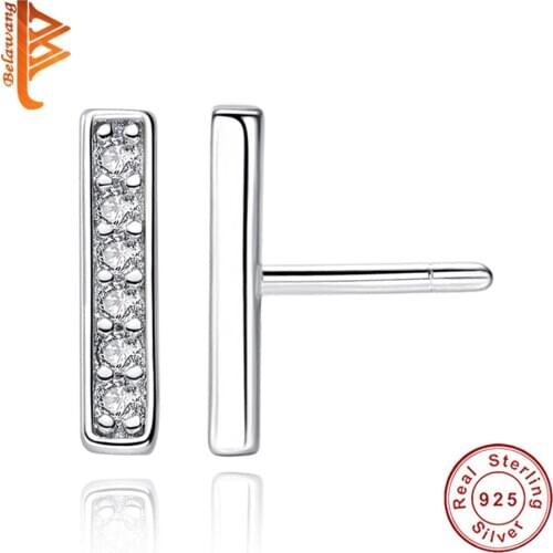 BELAWANG Simple 925 Sterling Silver Earrings Geometric Crystal CZ T Bar Stud Earrings for Women Wedding Christmas Jewelry Gift