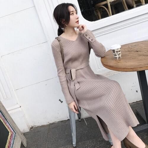 Sweater Dress 2020 Women Vintage Autumn Winter Knit Long Sleeve Pullover Dress Slim Fit Sashes Split Sashes Bottoming Vestidos