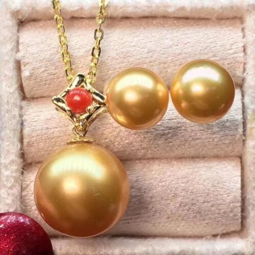 18k yellow gold diamond inlaid natural red coral pendant, pure natural seawater South Sea pearl pendant earrings set ps05