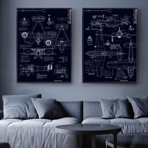 Abstract Aircraft Structure Drawing Poster Wall Art Canvas Painting Black and White Plane Wall Posters and Prints for Home Decor