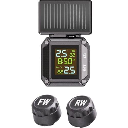 Solar Motorcycle TPMS LCD Motorbike Wireless Tire Pressure Monitoring Tyre Temperature Alarm System Waterproof 2 External Sensor