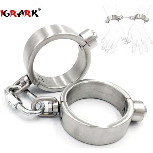 Stainless Steel Press Lock Handcuffs Restraints Fetish Slave BDSM Lockable Manacle Sex Toys For Women Man Couples