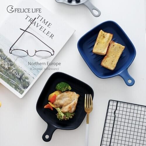 Western Microwave Oven Risotto Dish Nordic Cheese Pasta Steak Creative Ceramic Handle Plate Kitchen Plates Flat Oven Tray