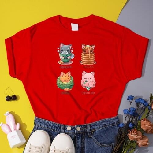 Kawaii Food Cat Manga Women T Shirt Cotton Cool Comfy Femme Tee Shirts Hip Hop Trend Street Tops 2021 Summer New Vogue T-Shirt