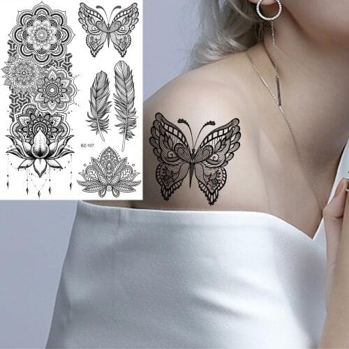 GoldOcean Black Butterfly Mandala Henna Flower Tattoos Temporary Arm Chest Fake Tattoo Stickers Waterproof Women Girl India Tato