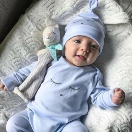 2021 Brand New Newborn Infant Baby Girls Boys Autumn Jumpsuits Sleeping Eyes Print Long Sleeve Blue Cotton Romper +Hats 2Pcs Set