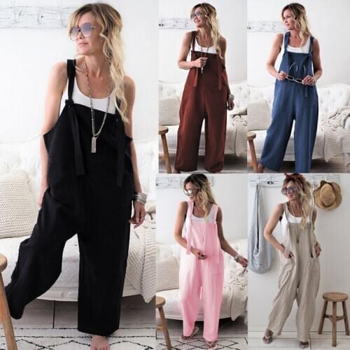 Summer Women Cotton Linen Dungarees Overalls Jumpsuit Casual Loose Wide Leg Pants One-piece Romper Playsuit S-XL