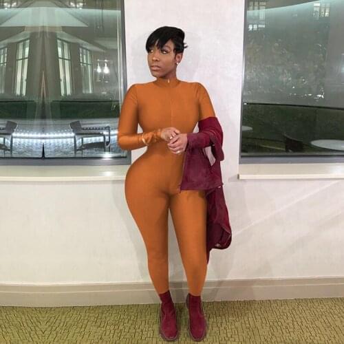 Clubwear Sexy Black Bodycon Jumpsuit Women Elastic Club Rompers Womens Jumpsuit Skinny Front Zipper Long Sleeve Jumpsuit Fitness