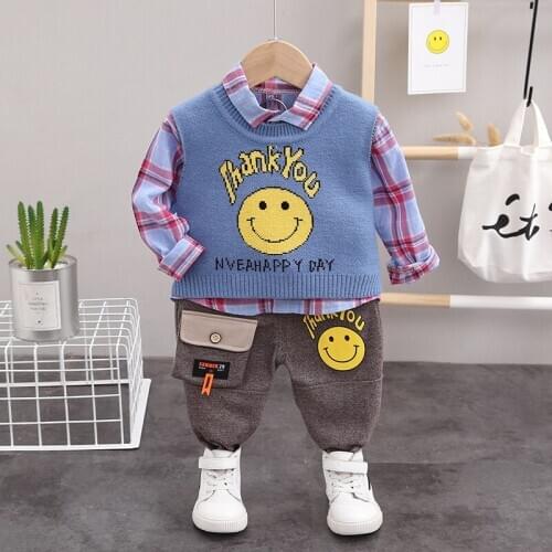 Children Clothes Set 2020 Autumn Korean Boy Handsome Autumn Long-Sleeved Fashion Sweater Plaid Shirt Pants 3pcs Toddler Clothes