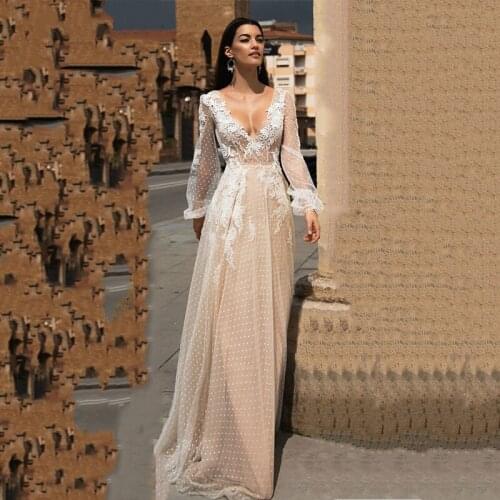 Lace Applique A-Line Ruffle Wedding Dress Puff Sleeves Tulle Boho Wedding Gowns Vestido De Novia V Neck Bride Dresses Brautkleid