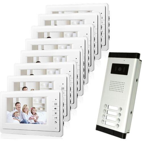 MILEVIEW New 7" Video Intercom Apartment Door Phone System 8 White Monitors 1 Door Camera for 8 Household Family FREE SHIPPING