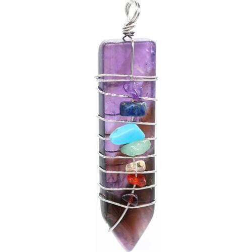 Trendy-beads Silver Plated Wire Wrap Sword Shape Natural Amethysts Pendant with Small Colorful Stone Jewelry