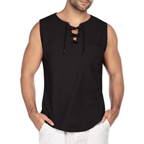 Mens Vest T-shirt Casual Summer Solid Color Sleeveless V Neck Bandage Pocket Shirt Top Men Clothing