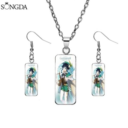 Anime Genshin Impact Rectangular Glass Cabochon Dome Necklace Earrings Cartoon Cute Figures Jewelry Set for Teens Friends Gifts