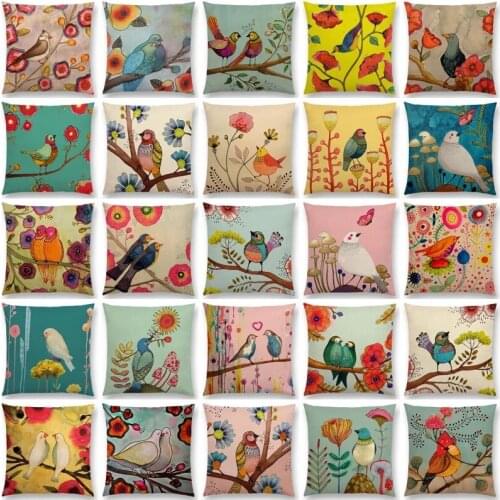 New Arrivals Watercolor Little Birds 45x45 Floral Home Decor Cushion Cover Polyester and linen Double-sided printing Pillowcase