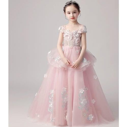 Girls Princess Dresses Pink Off Shoulder Flower Girl Dresses for Weddings V-Neck Kids Party Communion Gowns Birthday Party Dress