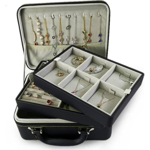 Portable earrings, necklaces, rings, jewelry, portable storage and finishing bags, 2-layer storage boxes, black zipper boxes