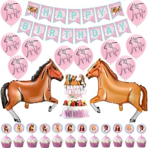 Spirit Riding Horse Balloons Pink Baby Girl Happy Birthday Banner Flag Cartoon Forest Farm Party Supplies Decoration Cake Topper