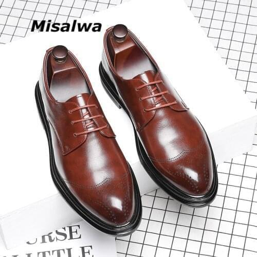 Misalwa Oxford Men Dress Shoes Lace-up Carved British Men Formal PU Shoes Pointed Toe Stylish Business Men Suit Shoes