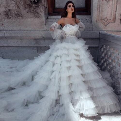 Dubai Evening Dresses Ball Gown Sweetheart Tulle Tiered Beaded Saudi Arabia Long Prom Dress Gown Robe De Soiree