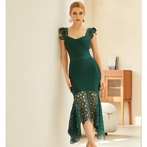 High Quality Green Spaghetti Strap Lace Sleeveless Rayon Bandage Dress Elegant Club Party Dress